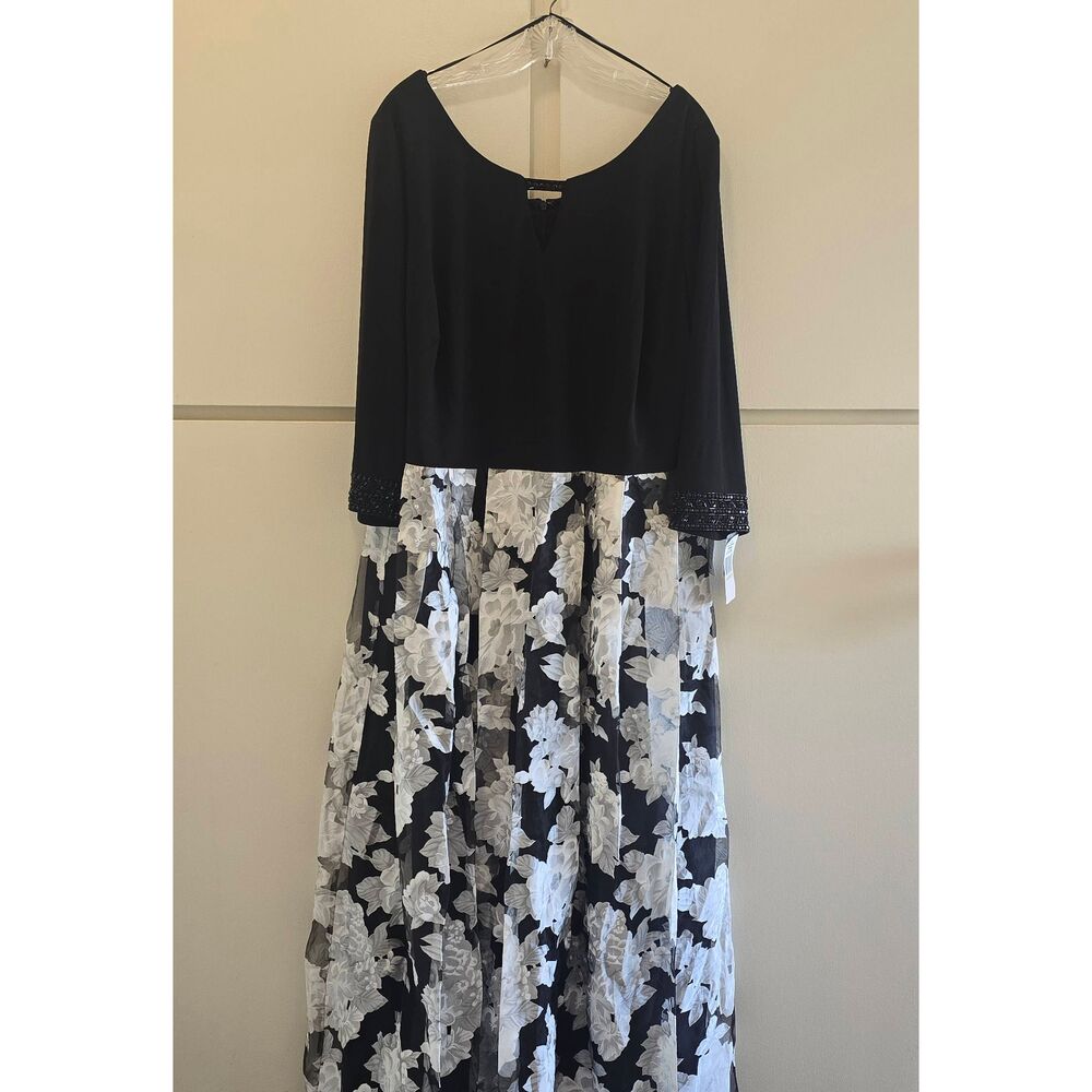 ALEX EVENINGS WOMAN Blk Evening Gown/ Blk/Wht/Slvr Floral Skirt,3/4 Slv, NWT,18W